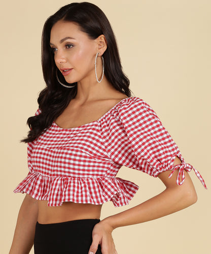 Women's Red Check Puff Sleeve Crop Top – Ruffled Hem Peplum Blouse for Summer & Casual Wear