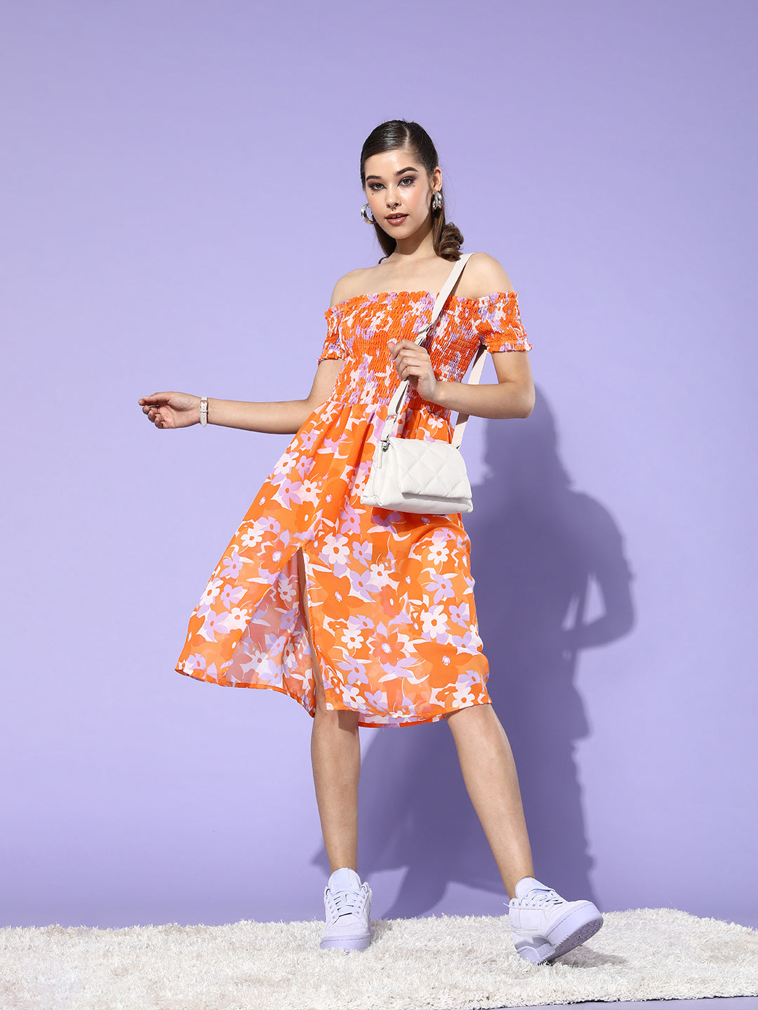 Orange Floral Smocked Off-Shoulder Dress Summer Ready Fit & Flare