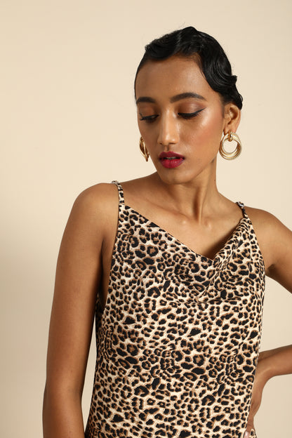 Leopard Print Sleeveless Midi Dress with Front Slit