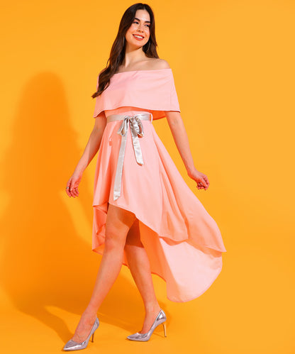 Off Shoulder Pink High Low Dress with Silver Belt – Elegant Party Wear for Women
