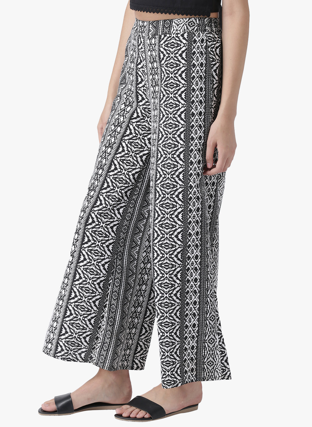 Black and White Tribal Print Wide Leg Trousers for Women