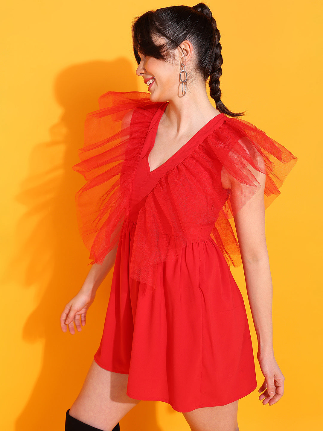 Orange Ruffle Tulle V-Neck Mini Dress for Women Partywear