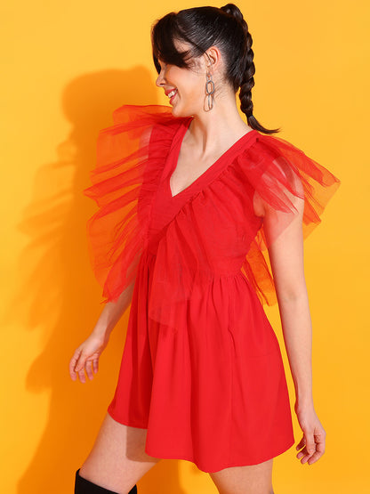 Orange Ruffle Tulle V-Neck Mini Dress for Women Partywear