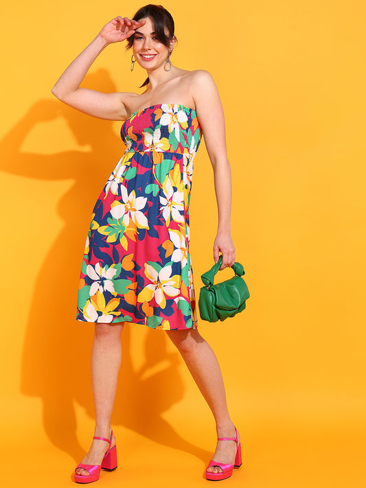 Vibrant Floral Strapless Summer Dress – Colorful Beach Party Outfit