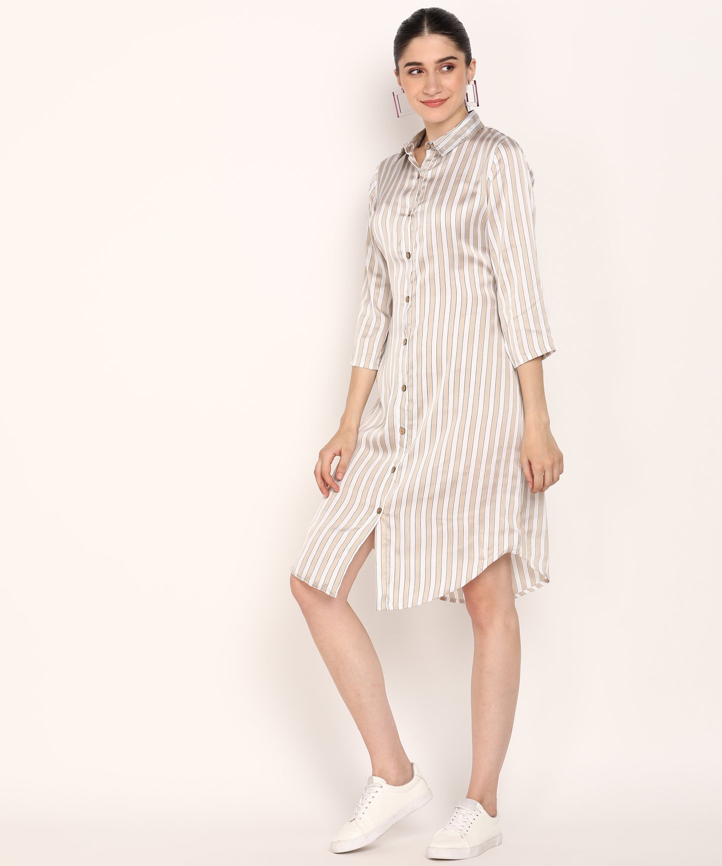 Women's Beige & White Vertical Striped Shirt Dress with 3/4 Sleeves