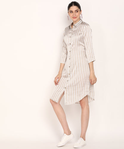 Women's Beige & White Vertical Striped Shirt Dress with 3/4 Sleeves