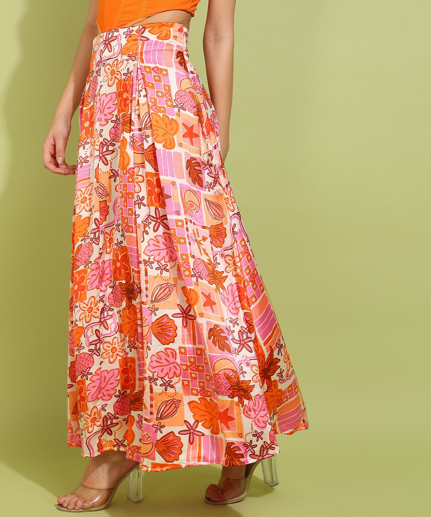 Floral Print A-Line Maxi Skirt in Pink & Orange – Vibrant and Stylish