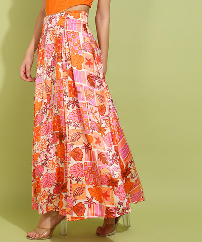 Floral Print A-Line Maxi Skirt in Pink & Orange – Vibrant and Stylish