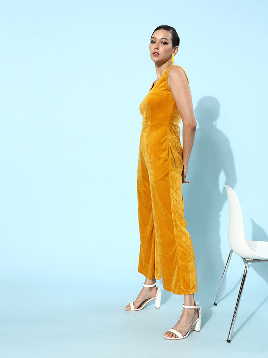 Mustard Yellow Velvet Sleeveless Jumpsuit for Women