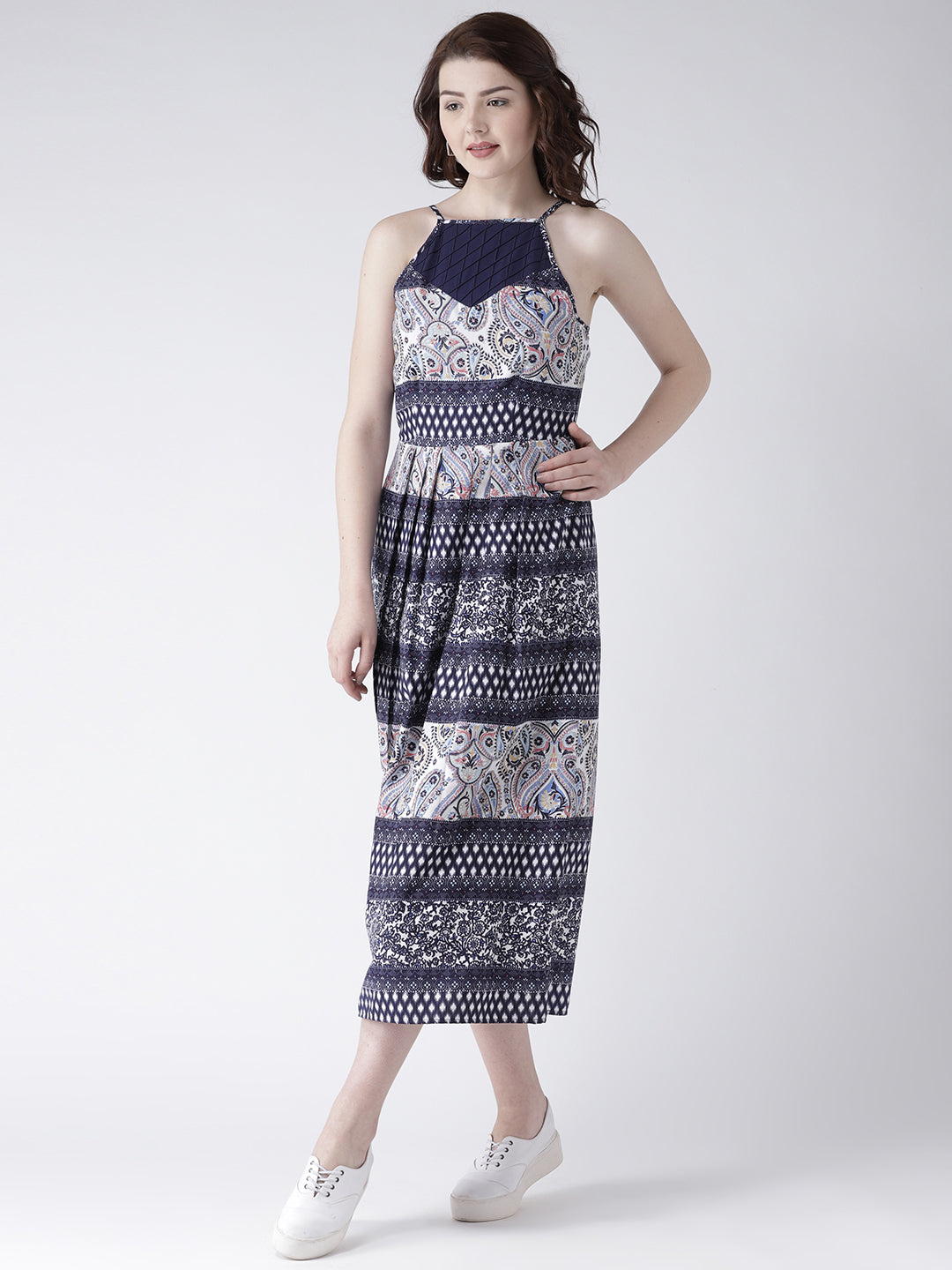 Women's Blue Ethnic Print Sleeveless High Neck Midi Dress