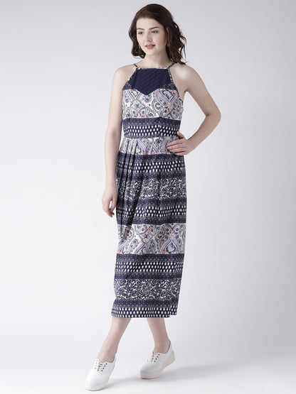 Women's Blue Ethnic Print Sleeveless High Neck Midi Dress