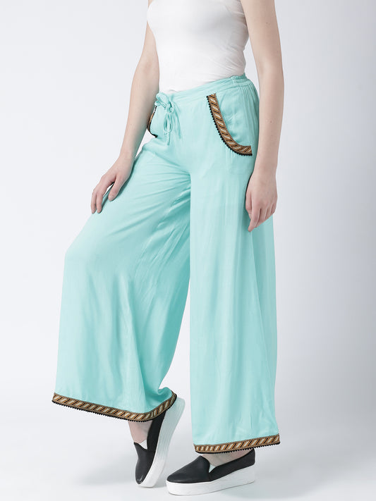 Women's Sky Blue Palazzo Pants with Drawstring Waist and Ethnic Trim