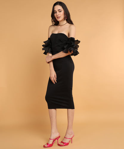 Black Off Shoulder Ruffle Sleeve Bodycon Midi Dress for Women Party Wear