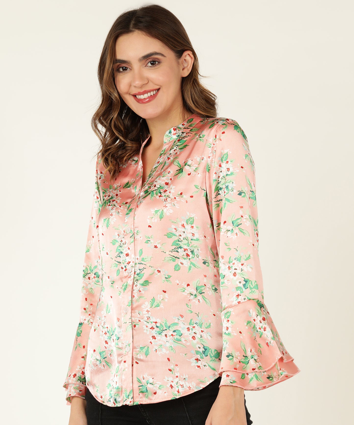 Women's Pink Floral Printed Satin Shirt with Flared Sleeves