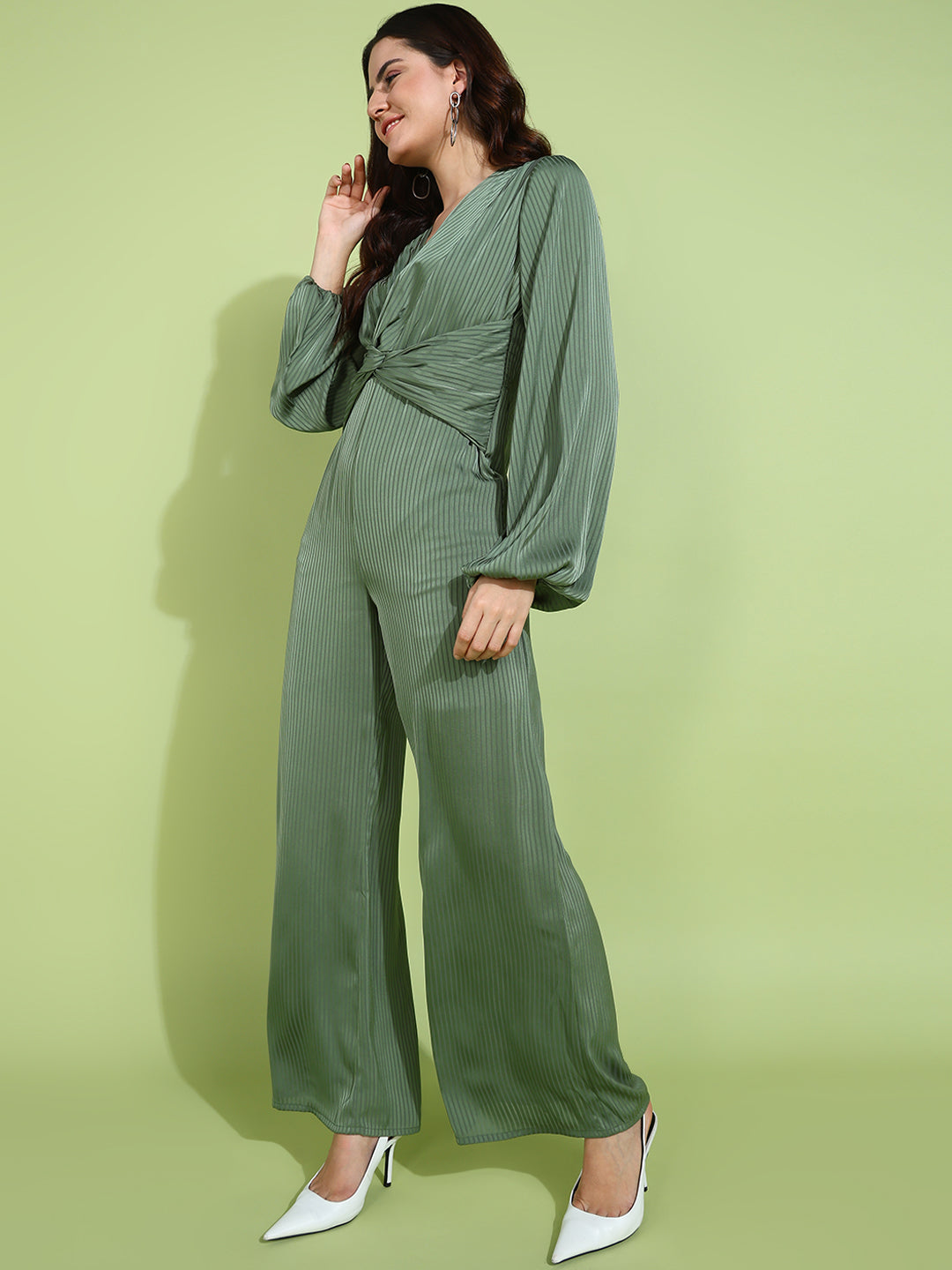Chic Olive Green Pleated Jumpsuit with Belted Waist and Long Sleeves for Women