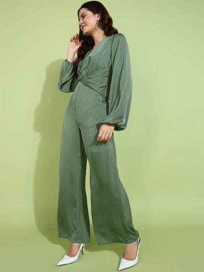 Chic Olive Green Pleated Jumpsuit with Belted Waist and Long Sleeves for Women