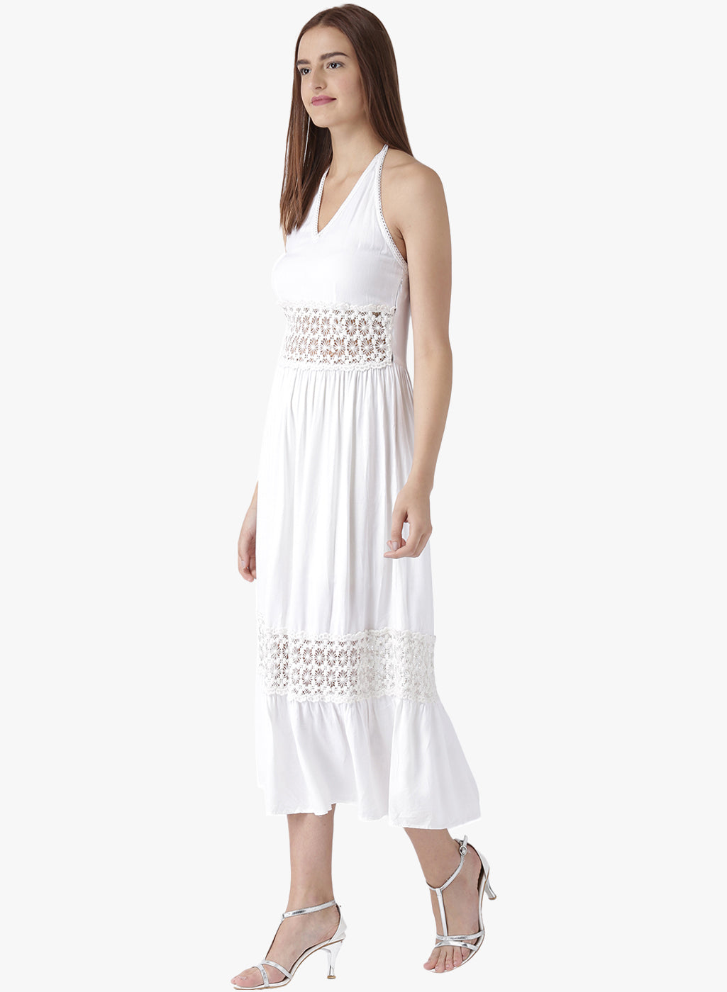 Women's White Halter Neck Midi Dress with Crochet Lace Detailing