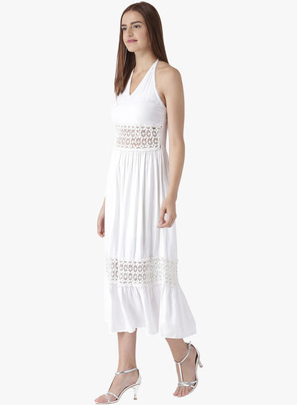 Women's White Halter Neck Midi Dress with Crochet Lace Detailing