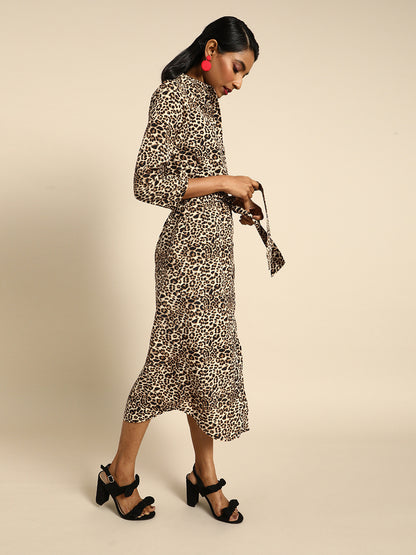 Leopard Print Shirt Dress for Women with Belted Waist and Midi Length