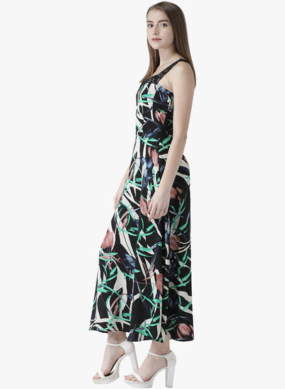 Women's Black Floral Printed Sleeveless Maxi Dress with Lace Strap