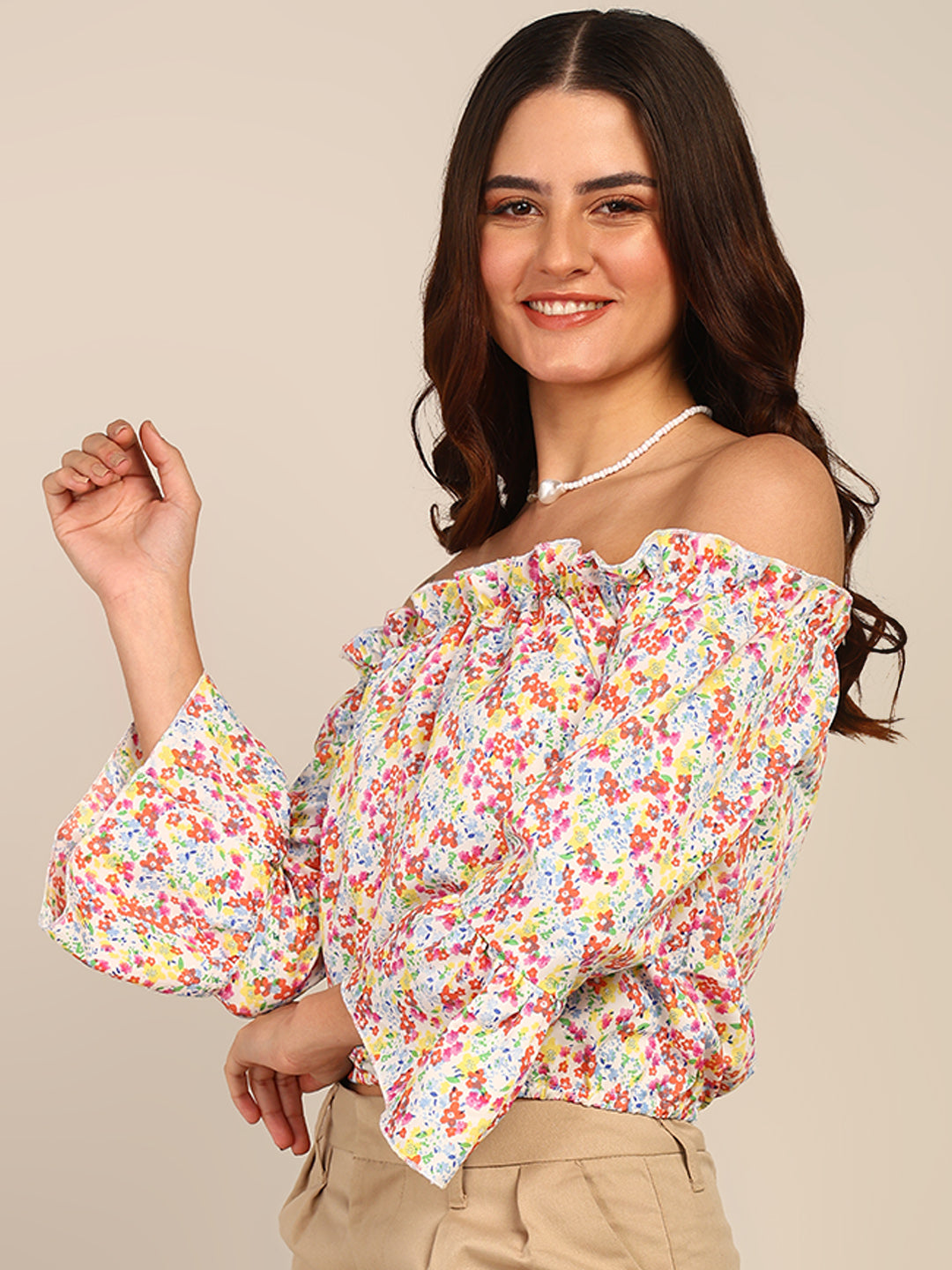 Floral Off Shoulder Top for Women with Bell Sleeves