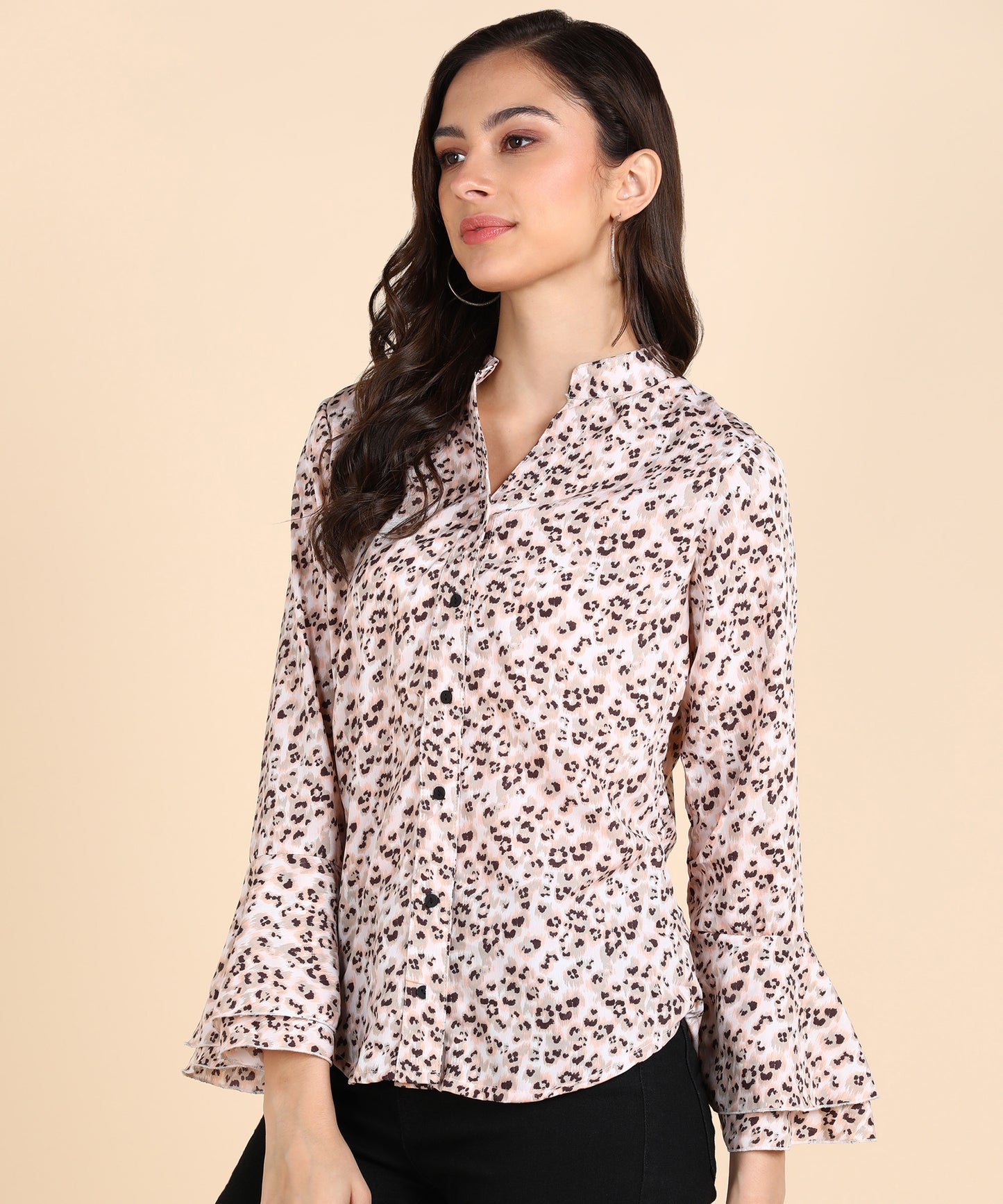 Women’s Light Pink Animal Print Shirt with Bell Sleeves – Casual & Office Wear