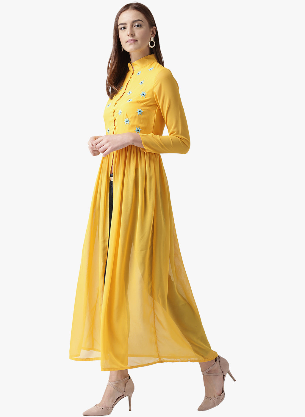 Women's Yellow Embroidered Front-Slit Long Kurta with Mandarin Collar