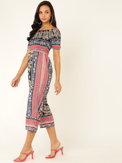 Navy Blue Paisley Print Off-Shoulder Jumpsuit – Boho Style Casual Wear