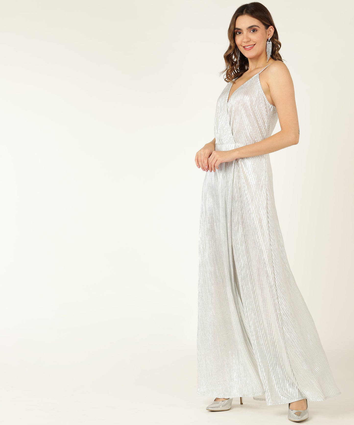 Silver Metallic Pleated Maxi Gown for Women with Spaghetti Straps