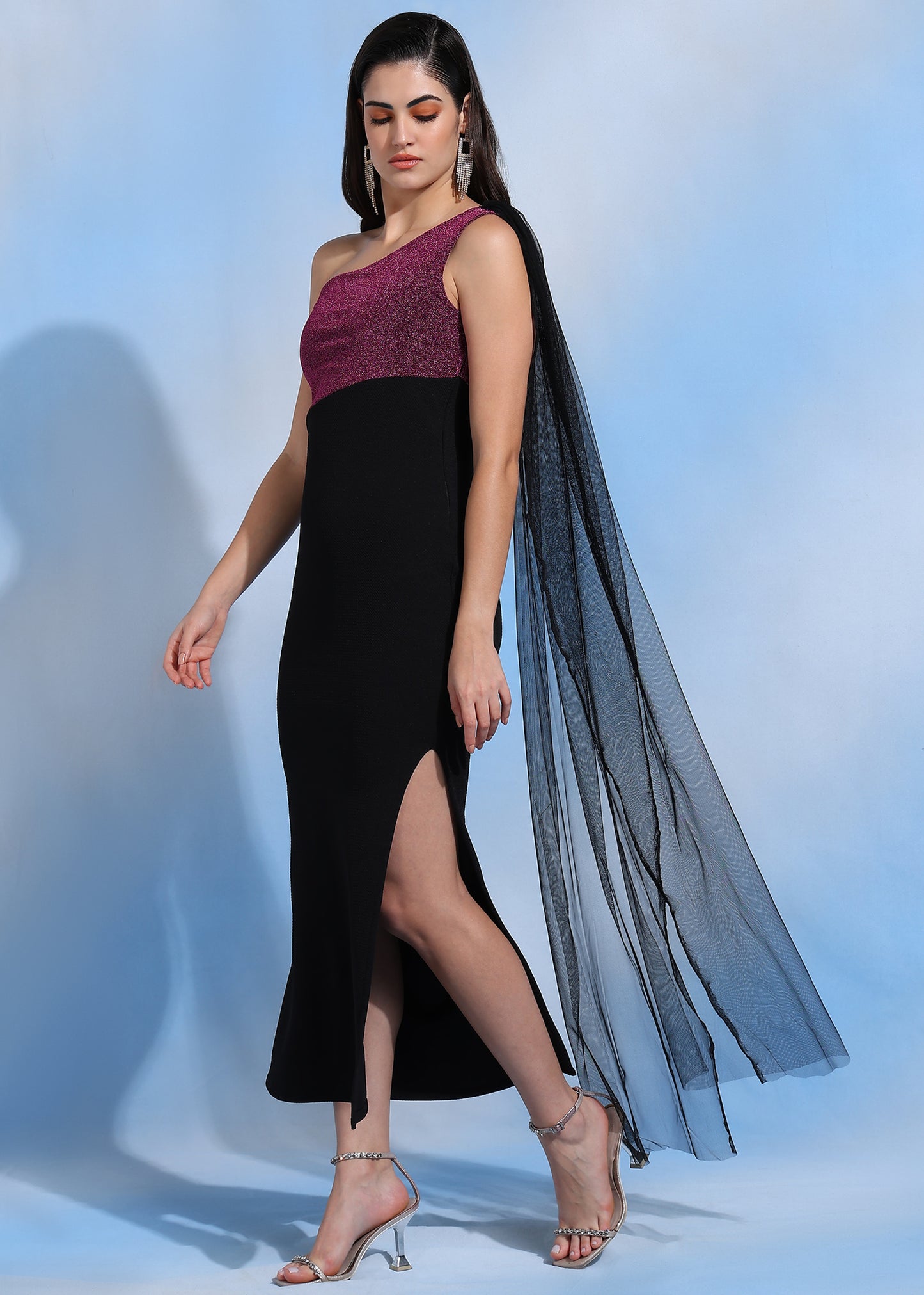 Women’s One Shoulder Pink Glitter and Black Bodycon Maxi Dress with Side Slit