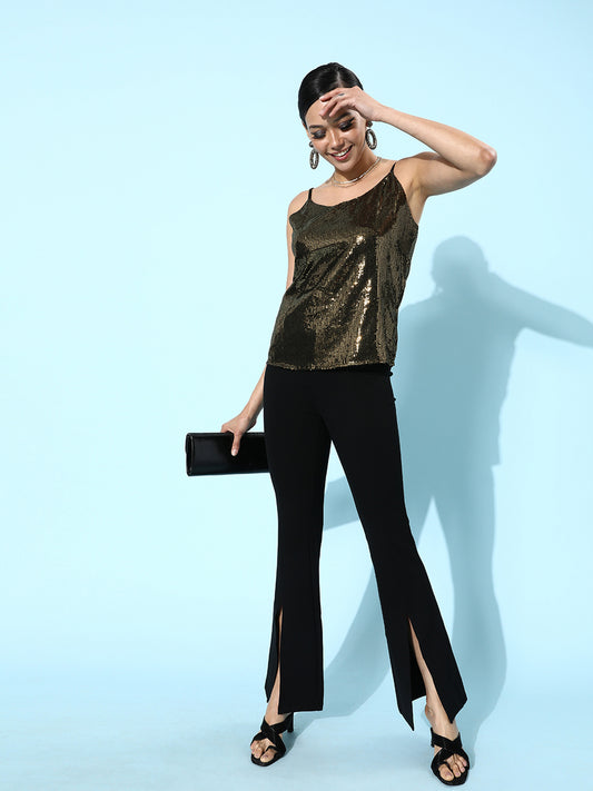 Elegant Black Sequin Spaghetti Strap Top for Women | Party Night Glam Look