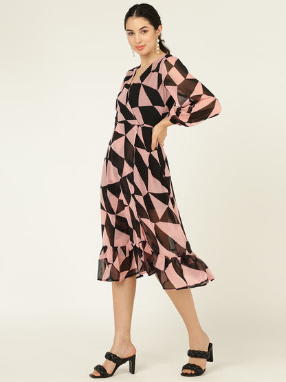 Geometric Print V-Neck Midi Dress with Ruffle Hem & Sheer Sleeves