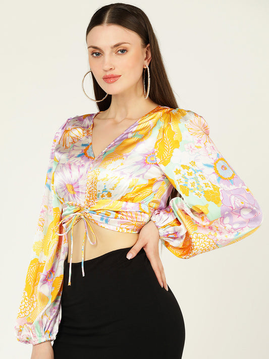 Women's Satin Floral Print V-Neck Crop Top with Drawstring Detail