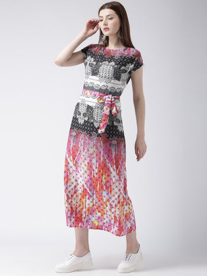 Women's Multicolor Printed A-Line Midi Dress with Belt