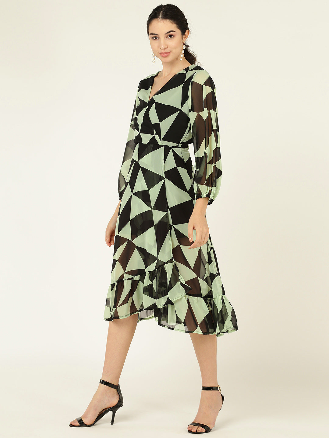 Geometric Print V-Neck Midi Dress with Ruffle Hem & Sheer Sleeves