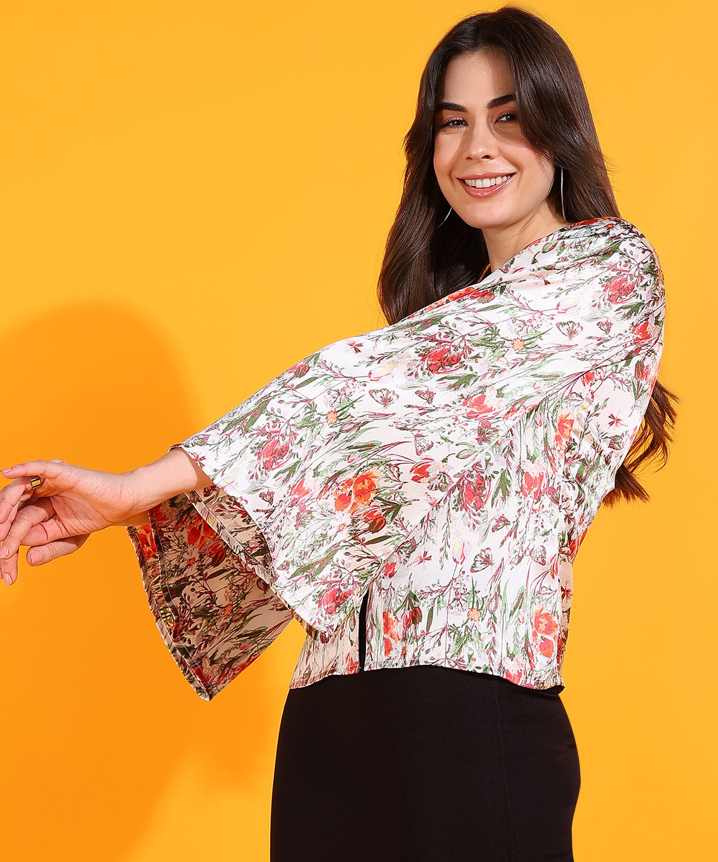 Floral Satin Button-Down Top with Flared Sleeves – Casual & Office Wear