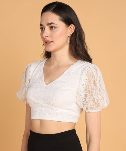 White Lace Puff Sleeve Crop Top for Women with V-Neck