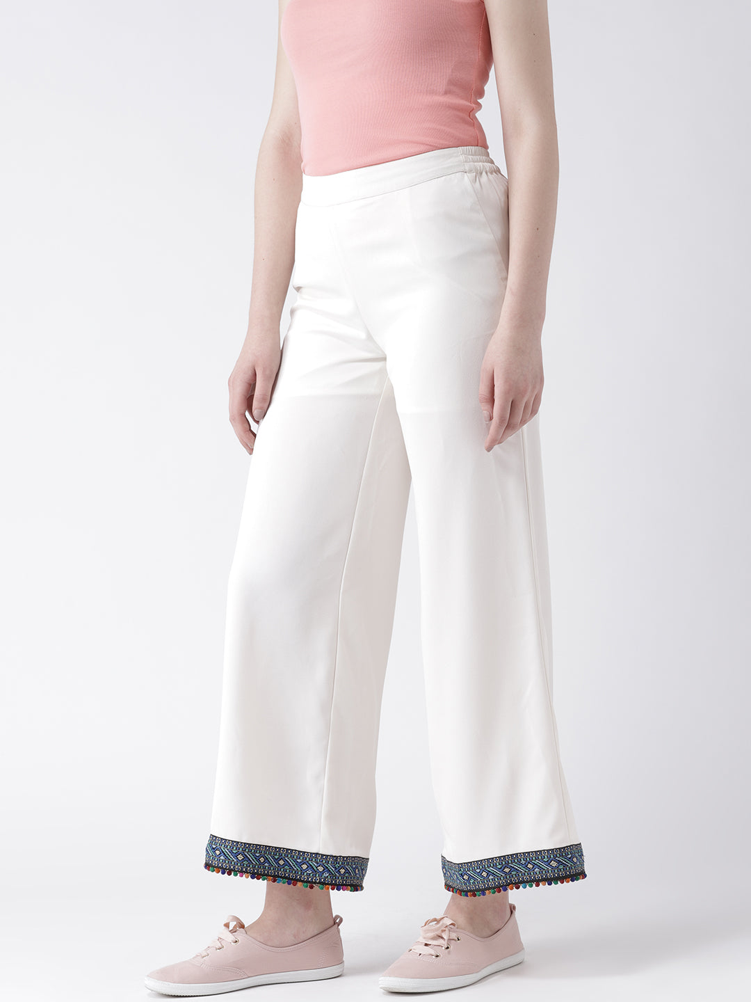 Women's White Wide-Leg Trousers with Embroidered Hem – Casual Ethnic Cotton Pants