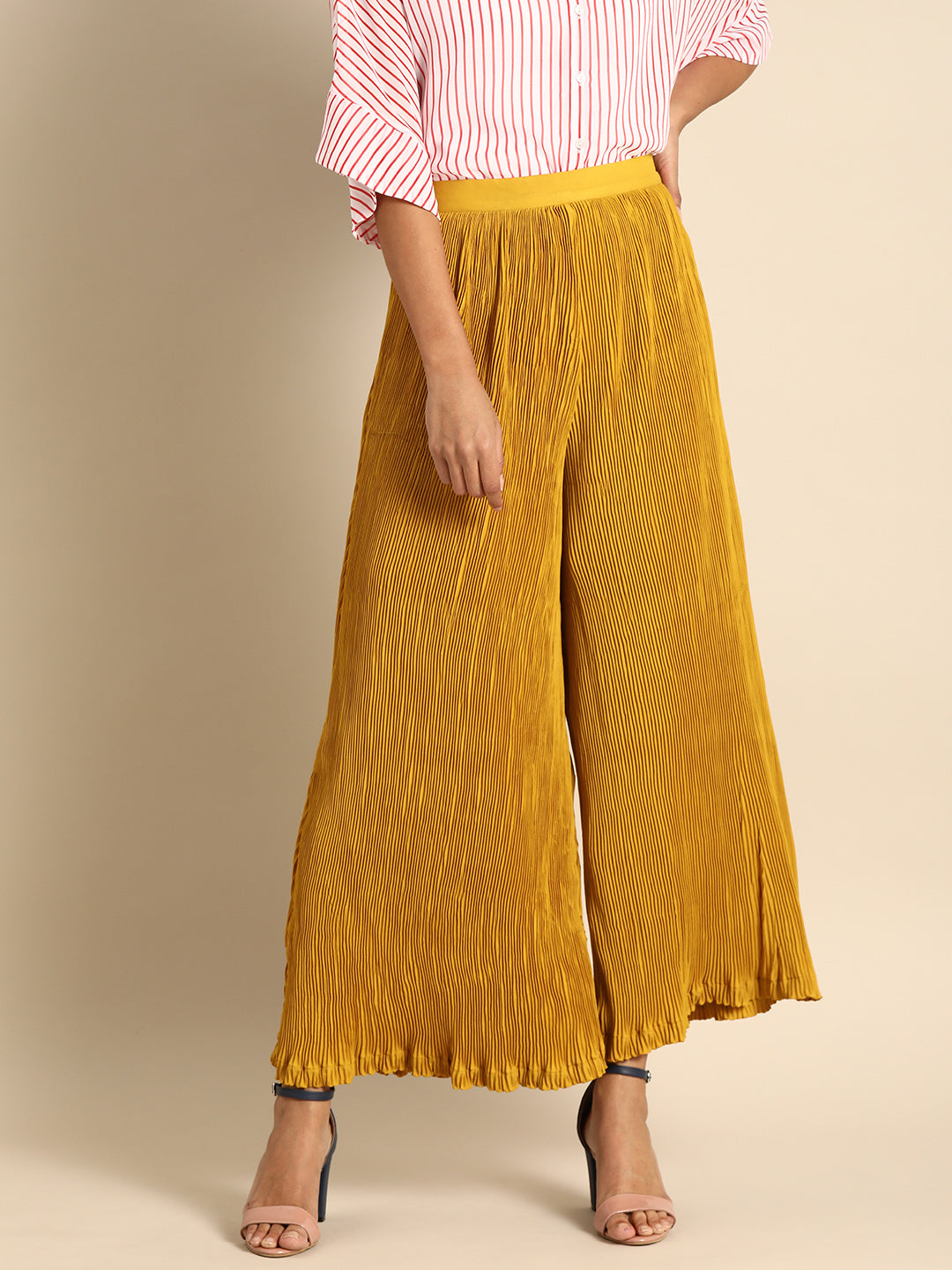 Mustard Yellow Pleated Wide Leg Palazzo Pants for Women – High Waist Casual & Party Wear