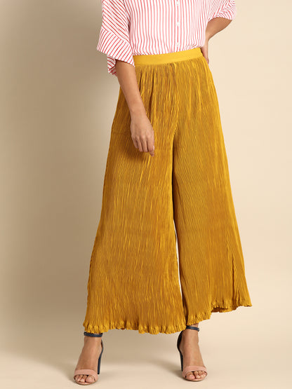 Mustard Yellow Pleated Wide Leg Palazzo Pants for Women – High Waist Casual & Party Wear