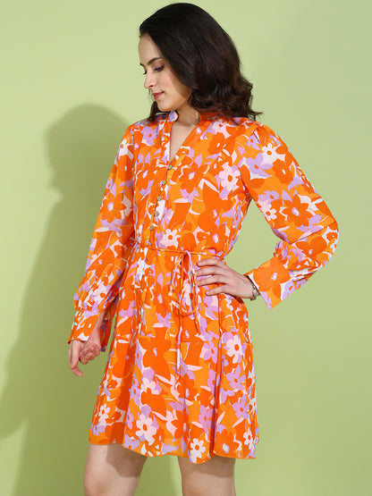 Orange Floral Print Button Down A-Line Mini Dress for Women