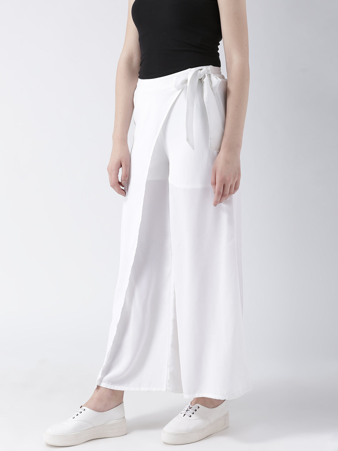 White Wrap Style Wide Leg Trousers for Women