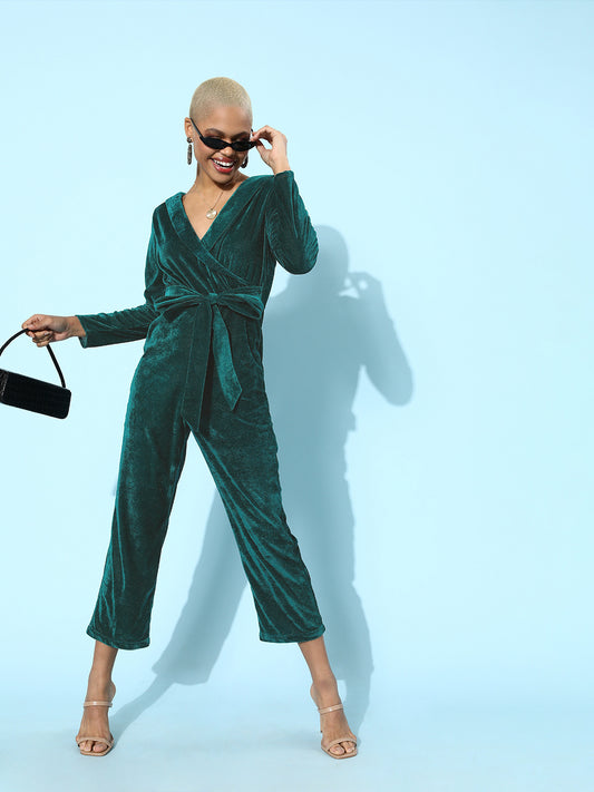 Green Velvet Wrap Jumpsuit with Belt for Women