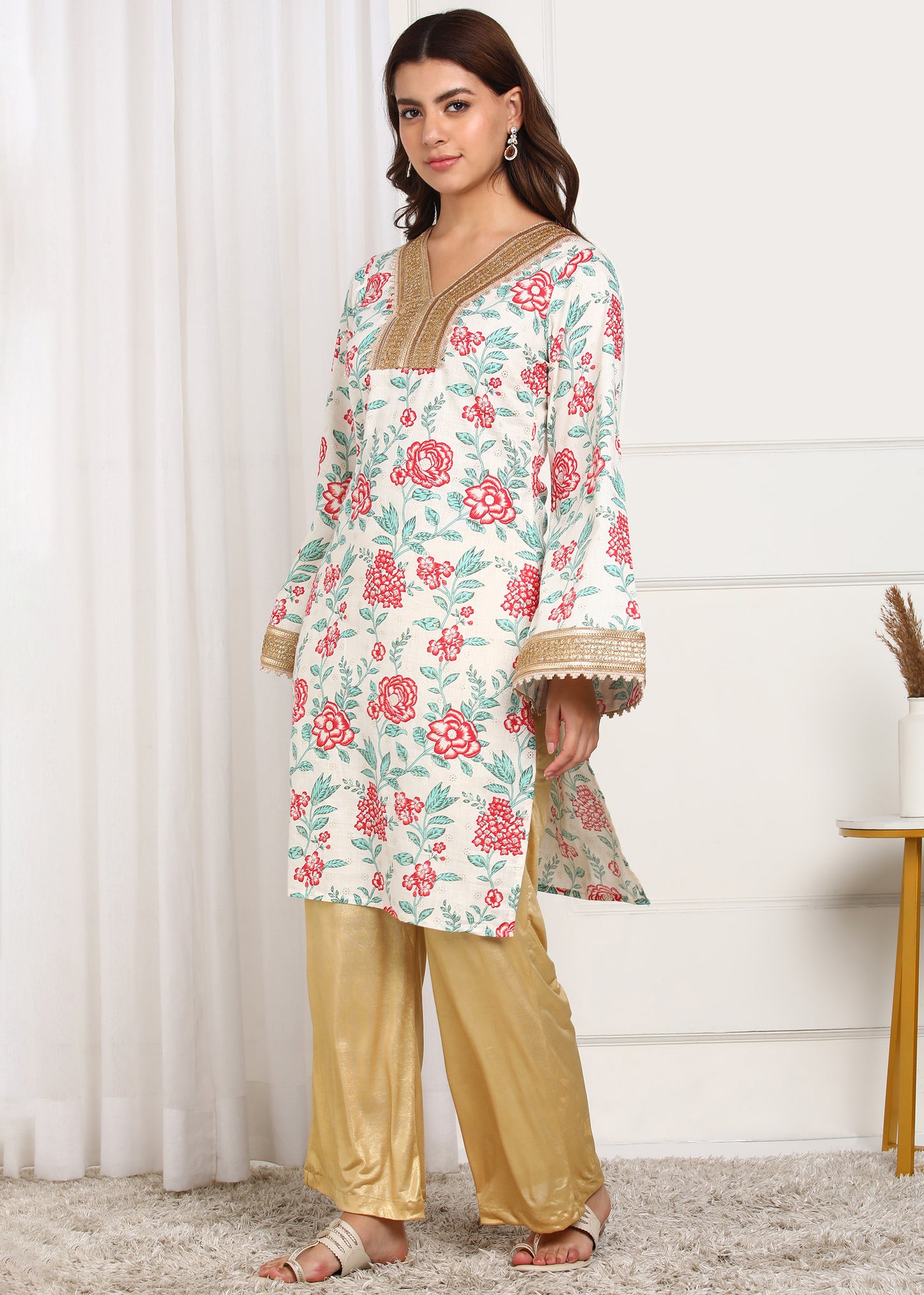 Floral Printed White Kurta with Golden Detailing | Ethnic Wear for Women