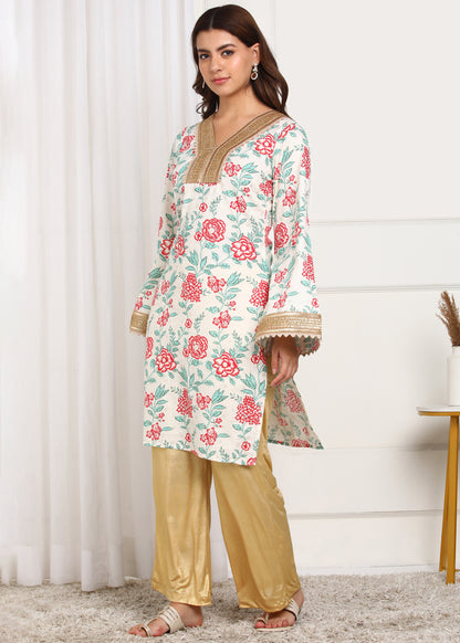 Floral Printed White Kurta with Golden Detailing | Ethnic Wear for Women