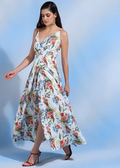 Women Floral Print V-Neck Spaghetti Strap Maxi Dress Summer Beach Outfit
