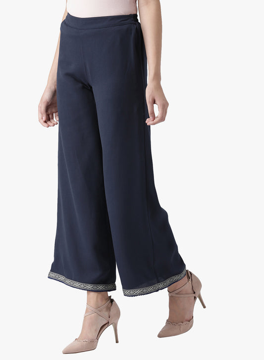 Women's Navy Blue Wide-Leg Pants with Embroidered Hem – Ethnic Casual Trousers