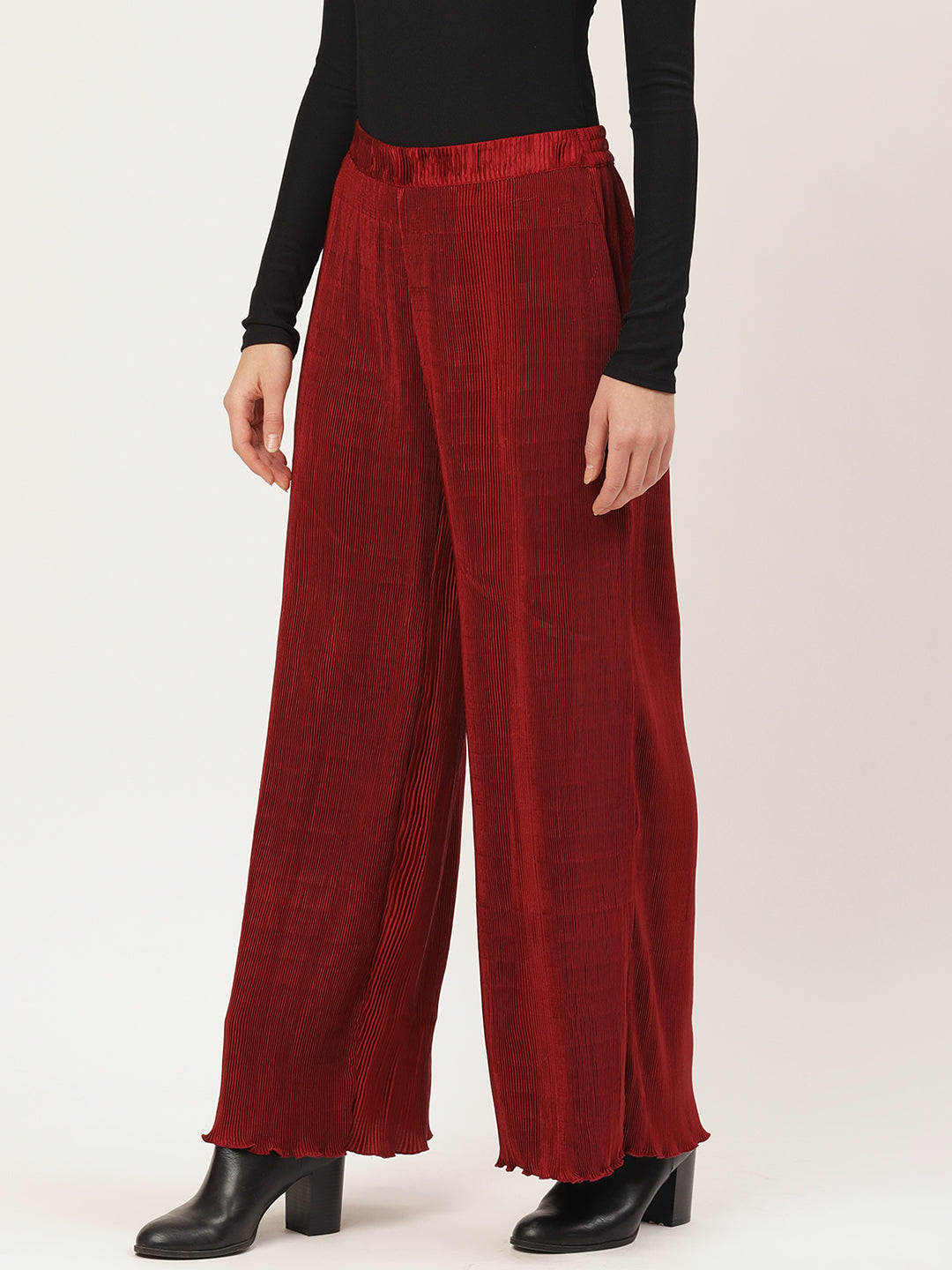 Maroon Pleated Wide Leg Palazzo Pants for Women – High Waist Trendy Party & Casual Wear