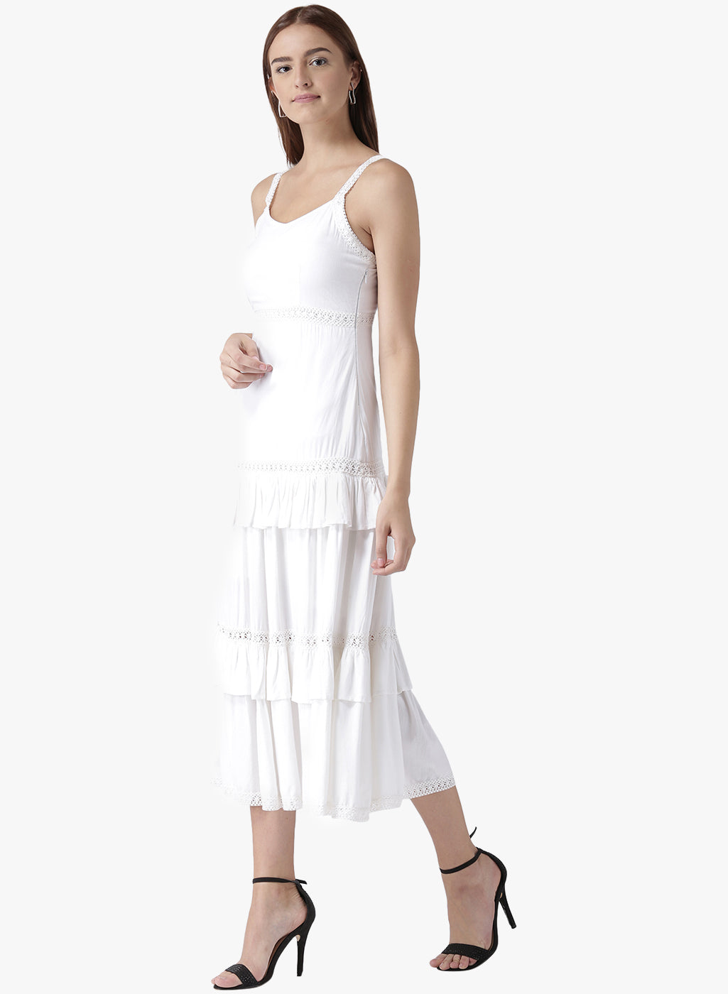 Women's White Tiered Sleeveless Midi Dress with Lace Detail