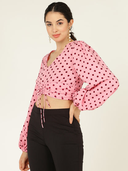 Pink Polka Dot Ruched Crop Top for Women – V-Neck Long Sleeve Puff Top
